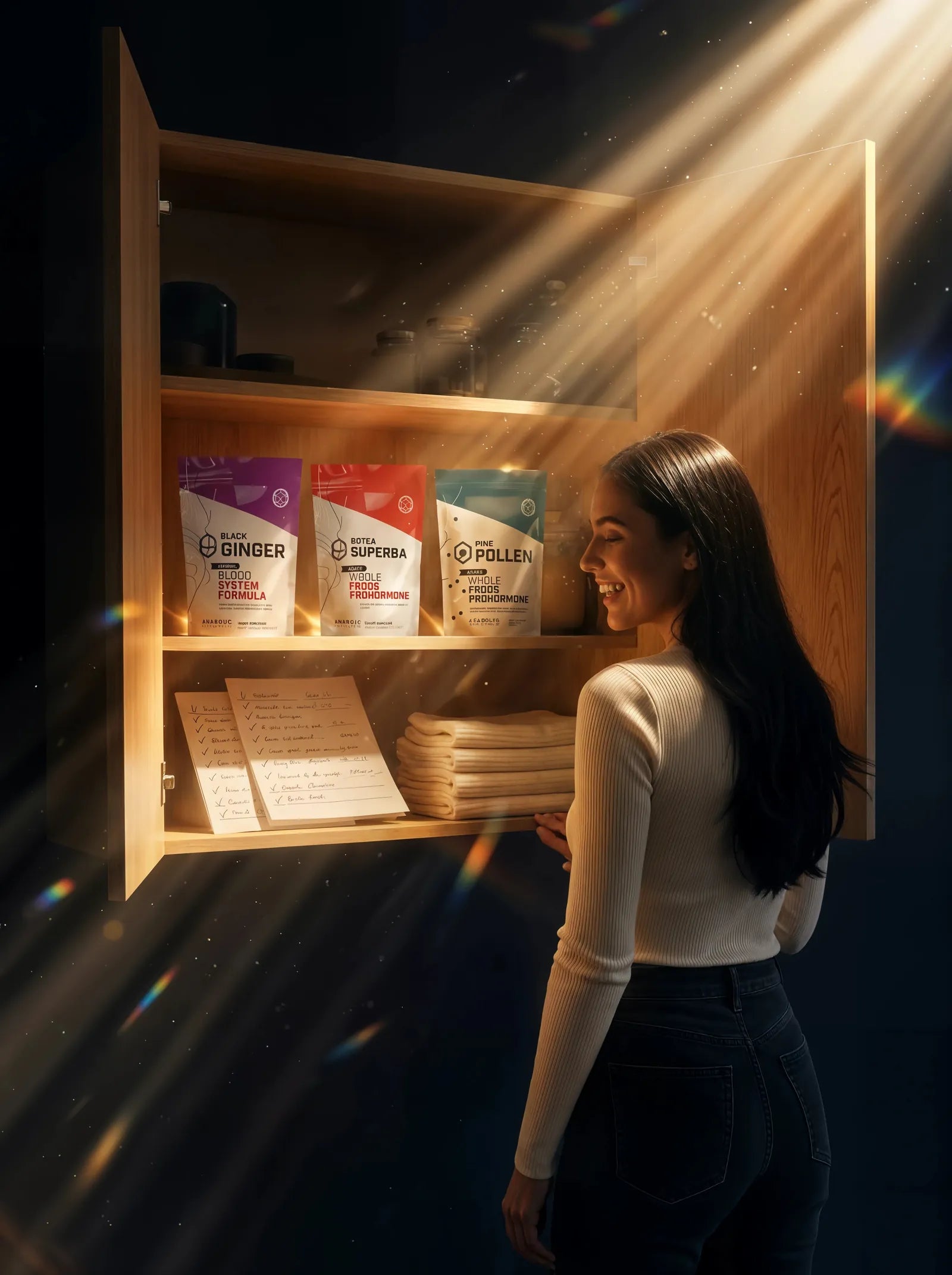 Her discovery — god-rays on his real supplement routine in the cabinet